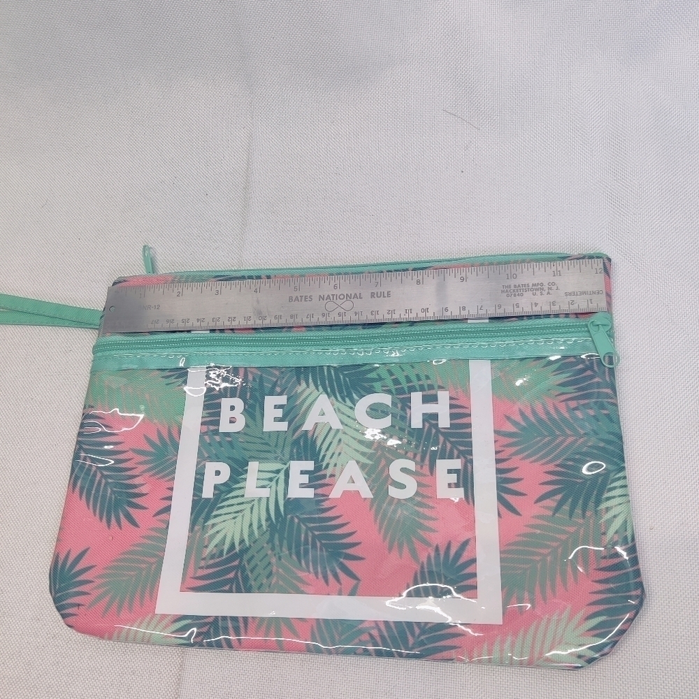 "Beach Please" Makeup Bag Palm Tree Leaf Pink Canvas Zipper Top & Clear Pocket - Picture 5 of 12